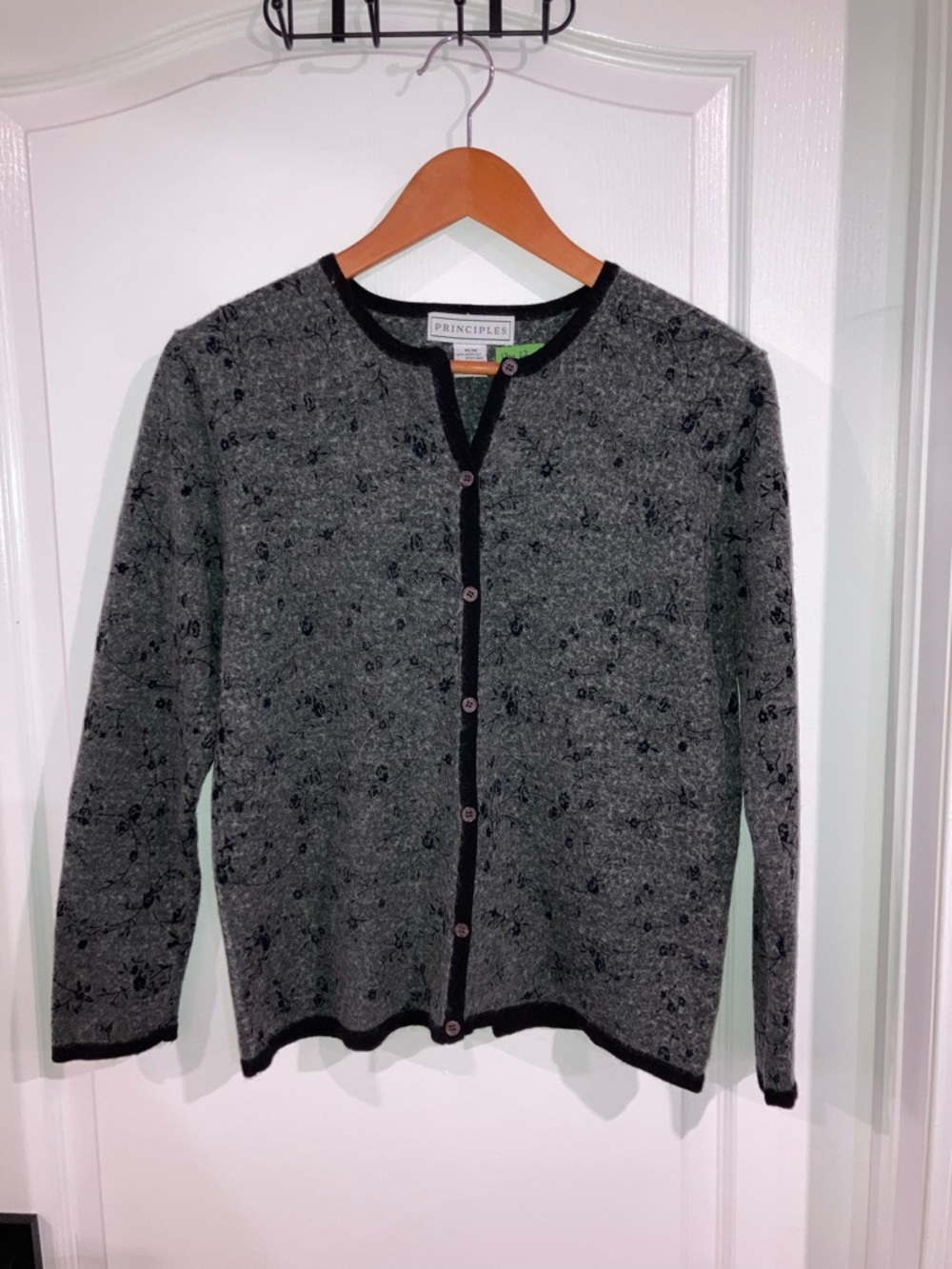 Principles Grey w/ Black Flocked Floral Button Up Cardigan - size M